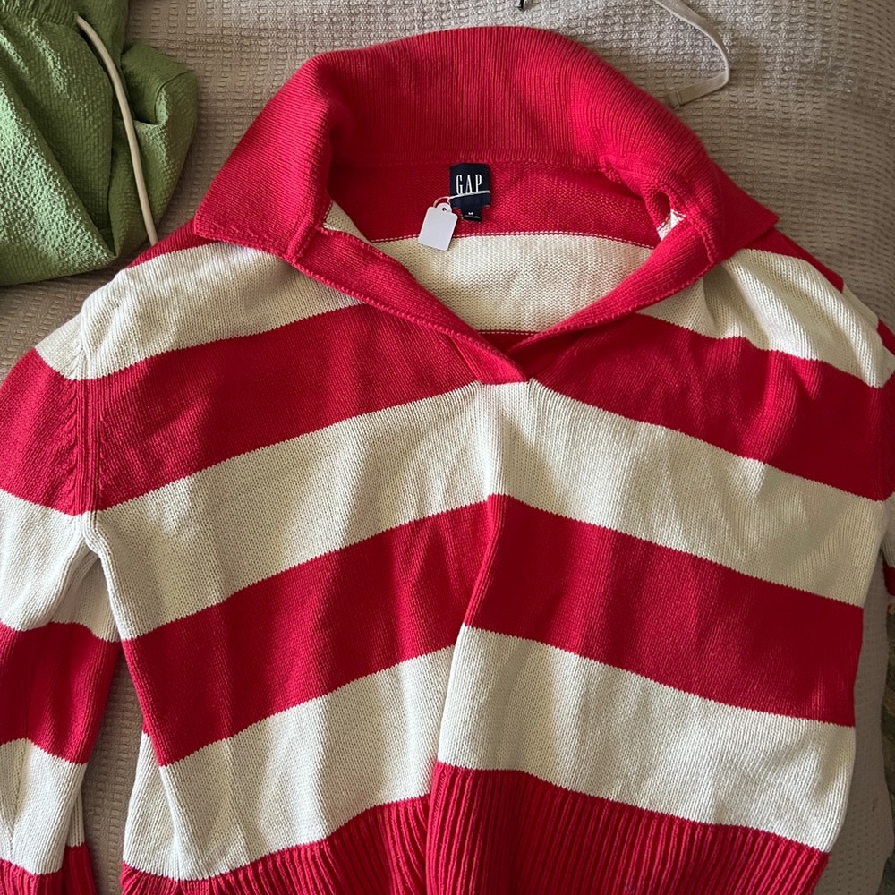 GAP Bold Red and Cream Striped Turtleneck Sweater